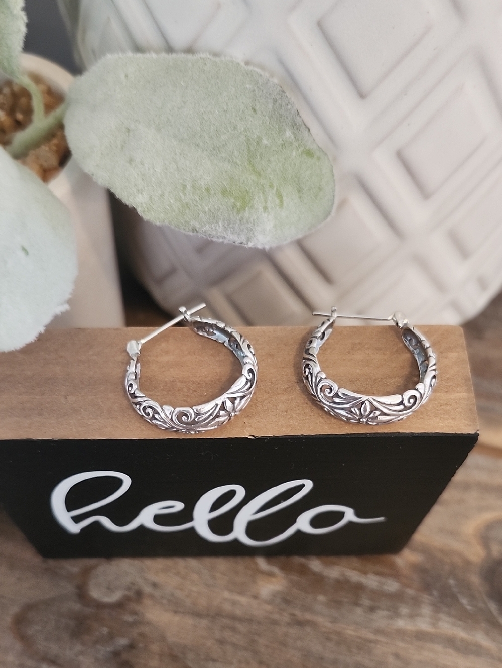 Silver Floral Engraved Hoop Earrings